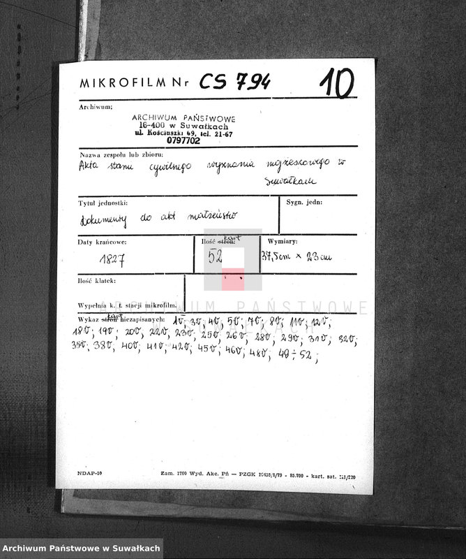 image.from.unit.number "Dowody do Akt Zaszluiomych Wyznania Mojżeszowego Parafii Suwalskiej za rok 1827"