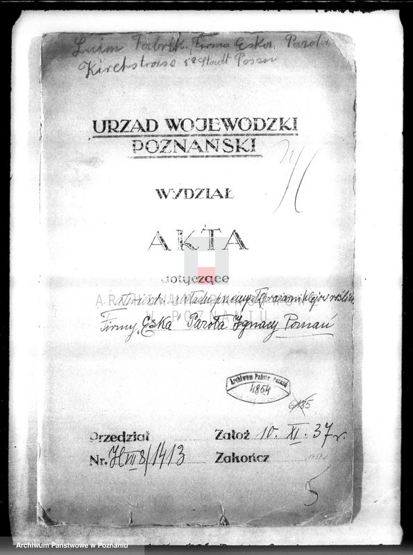 image.from.unit.number "Zatwierdzenie zakładu przemysłowego /prażarni klejów roślinnych/ firmy "Eska" Ignacego Pazoły w Poznaniu"