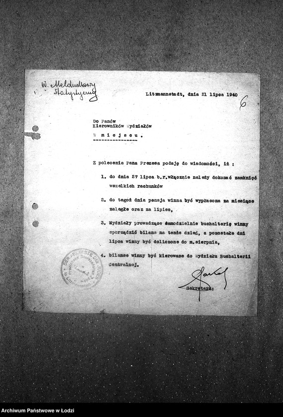 Obraz 9 z jednostki "[Okólniki przychodzące i wychodzące, listy wypłat pracowników Wydziału Statystycznego i Wydziałów Ewidencji]"