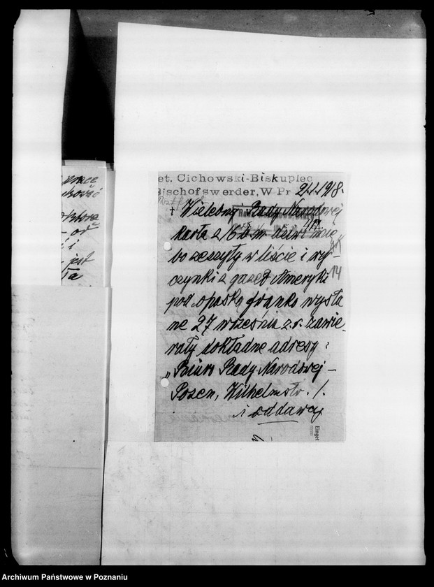 Obraz 20 z jednostki "Korespondencja różna - miedzy innymi sprawozdanie z posiedzenia Komitetu Politycznego w Berlinie, wnioski o subwencję dla Gazety Olsztyńskiej, protest profesora Eugeniusza Romera odnośnie objęcia jedynie Królestwa Polskiego nazwą Polski (nr 482), listy dra Celichowskiego"