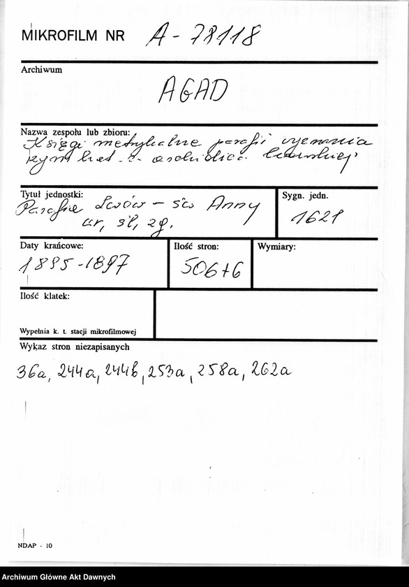 image.from.unit.number "Parafia: Lwów, parafia św. Anny. Dekanat: Lwów. Księga metrykalna urodzeń, ślubów i zgonów dla całej parafii."