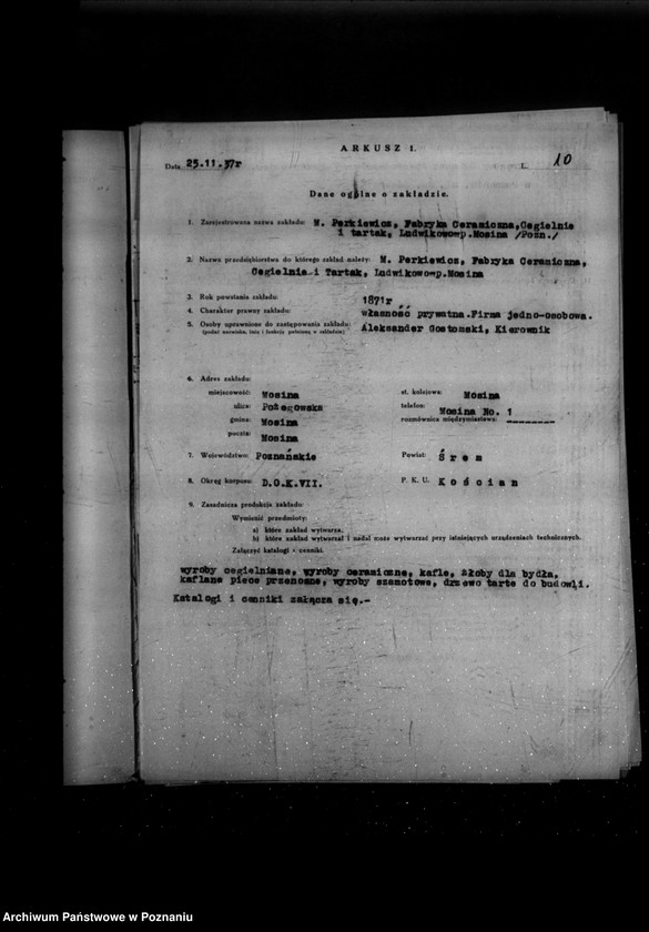 Obraz 14 z jednostki "Kwestionariusz Fabryki ceramicznej , cegielni i tartaku M. Perkiewicza w Ludwikowie powiat śremski"