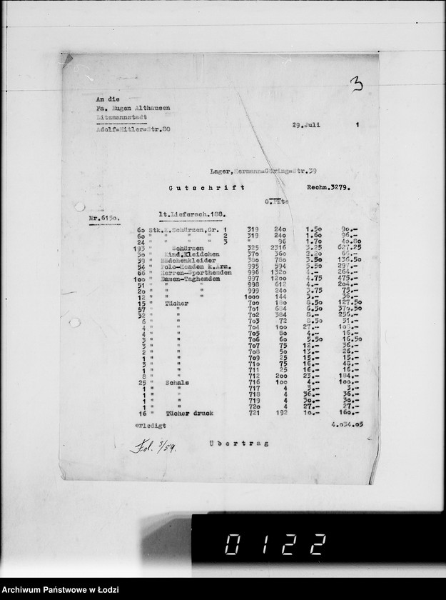 Obraz 7 z jednostki "Ausgehende Rechnungen [za dostawy towarów dla Getta]"