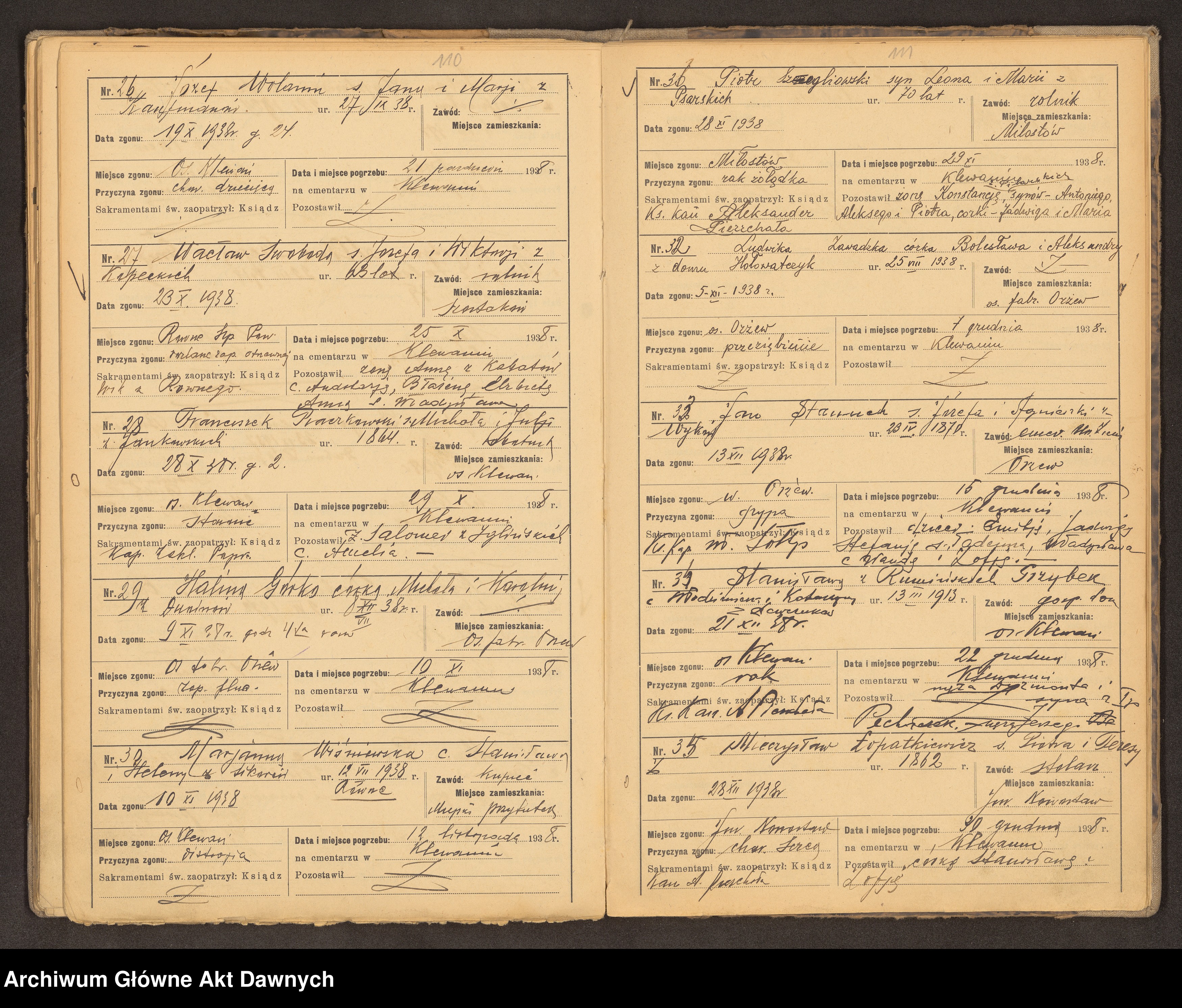 Skan z jednostki: Parafia: Klewań. Dekanat: Równe. Raptularz chrztów i zgonów w parafii.