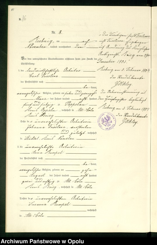 Obraz 19 z jednostki "Heiraths-Neben-Register Standes-Amt Riebnig 1903"