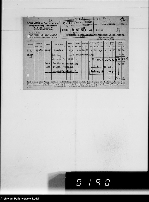 Obraz 14 z jednostki "Schenker u.Co [rachunki za dostawy towarów do Getta]"