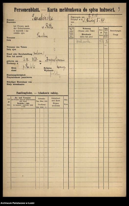 Obraz 11 z jednostki "[Spis ludności Łodzi] Pawoniak-Pelc"