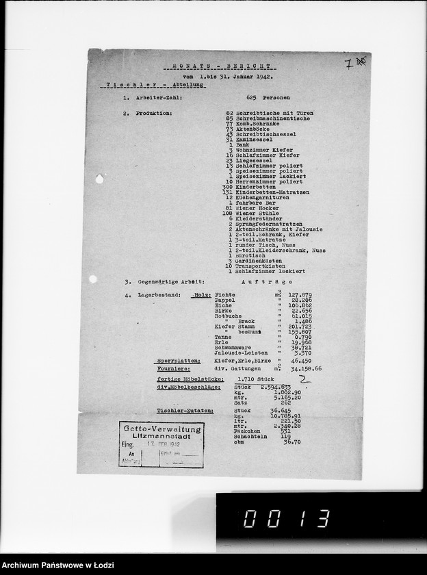 Obraz 11 z jednostki "Organisations im Getto. [Sprawozdania z działalności resortów i wydziałów administracji gettowej; produkcja, ruch ludności, sprawy policyjne]"