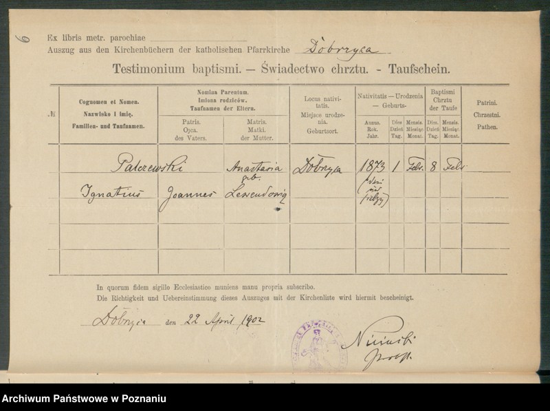 Obraz 8 z jednostki "[Dokumenty dostarczone przez narzeczonych do zawarcia związku małżeńskiego za 1902 rok. Tom IX]"