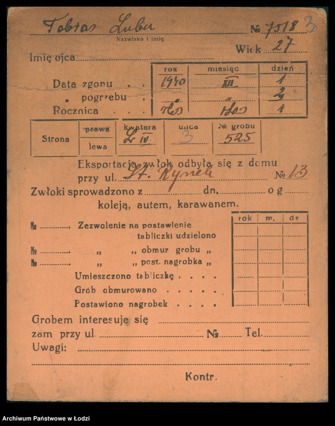 Obraz 4 z jednostki "Kartoteka osób pochowanych na cmentarzu żydowskim przy ulicy Brackiej w latach 1892-1957. Nazwiska na litery: To-Ty"