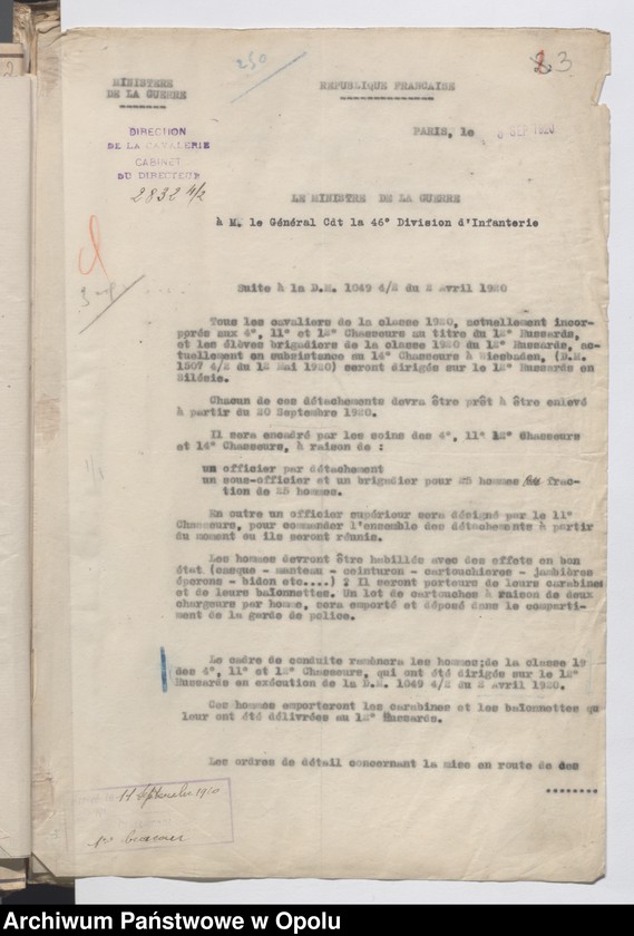 Obraz 5 z jednostki "Recrutement-Effectifs-Renforts-Situations /Korespondencja dotycząca uzupełnień, demobilizacja, wzmocnienie stanów liczebnych oddziałów/ 3.09.1920"