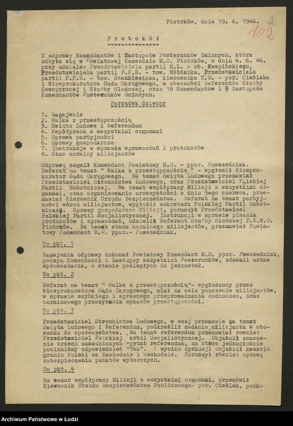 Obraz 3 z jednostki "Komenda MO Piotrków-protokoły z zebrań i odpraw oraz dochodzeń"