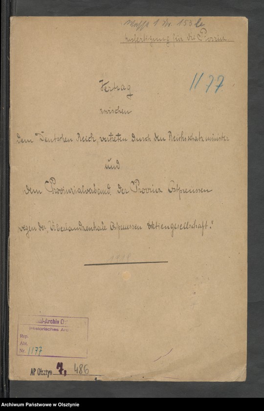 image.from.unit.number "Vertrag zwichen dem Deutschen Reich, vertreten durch den Reichsschatzminister und dem Provialverband der Provinz Ostpreussen wegen der "Überlandezentrale Ospreußen Aktiengeselschaft""