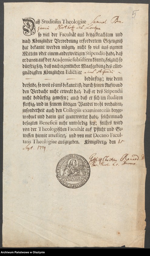 image.from.unit.number "In S. [Sachen] des Studiosi Samuel Benjamin Northoff wegen gebethener Collation des Loetzeschen Kirchen Stipendii"