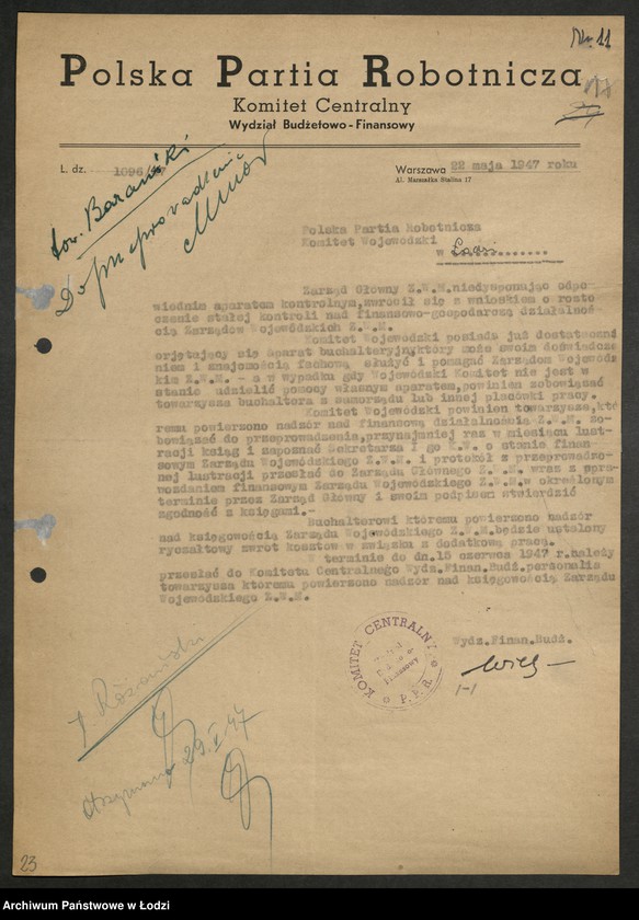 Obraz 18 z jednostki "Korespondencja z [Wydziałem Ogólnym, Budżetowo - Finansowym, Gospodarczym oraz Buchalterią] Komitetu Centralnego"