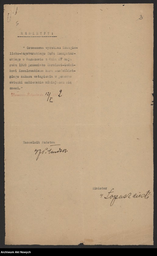 image.from.unit.number "Zniesienie wyroków Ewangelickich Sądów Konsystorskich: Augsburskiego i Reformowanego, o sześcioletnim terminie zakazu wstąpienia w ponowne związki małżeńskie oraz zakazu 10 miesięcznego.Reskrypty Naczelnika Państwa, wnioski, korespondencja z Min. Wyznań Religijnych i Oświecenia Publicznego"