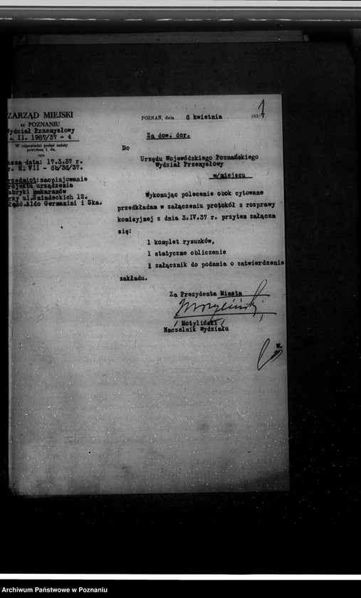 image.from.unit.number "Zatwierdzenie zakładu przemysłowego /fabryki makaronu/  Aldo- Germanini i Spółka w Poznaniu"