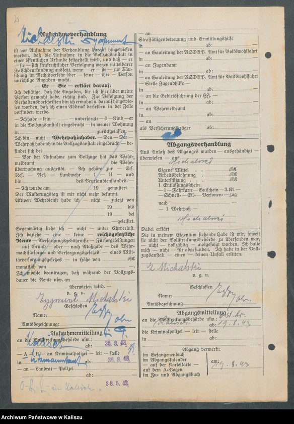 Obraz z jednostki "[Akta osobowe więźnia - Michalski Zygmunt, zam. Proboszczowice, pow. Turek]"