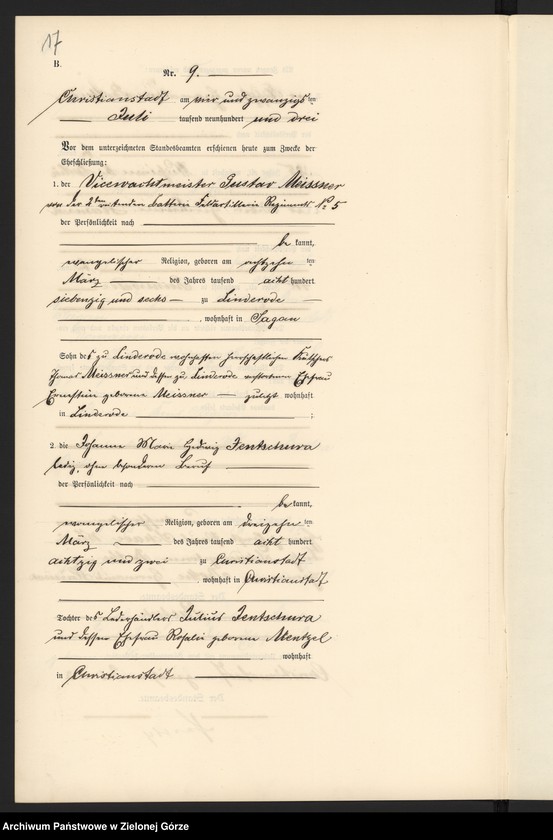 image.from.unit.number "Heiraths-Neben-Register im Standes-Amt Christianstadt a[m] B[ober] Kreis Sorau N[ieder] L[ausitz] pro 1903"