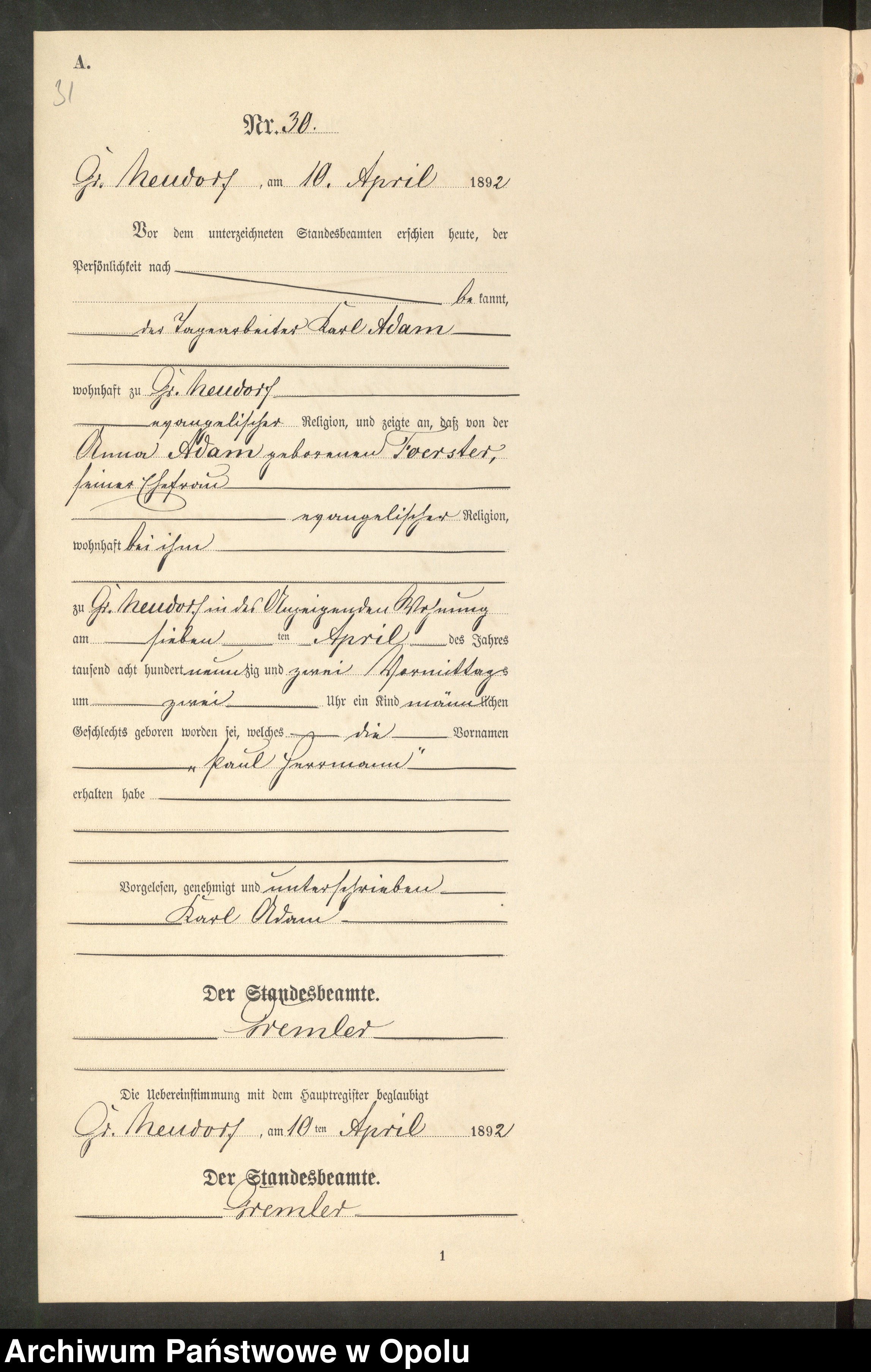 Skan z jednostki: Geburts-Neben-Register Standes-Amt Gross Neudorf 1892