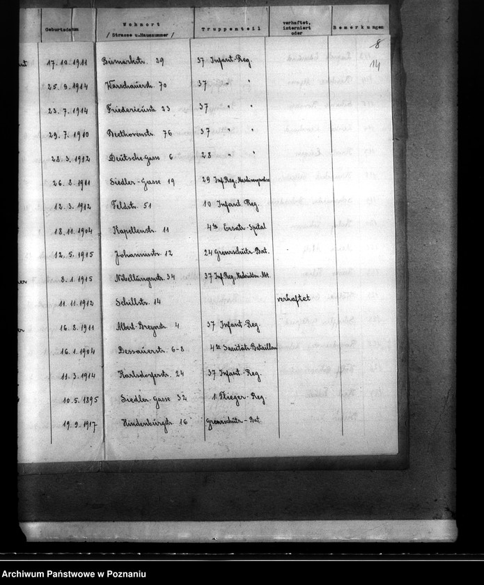 Obraz 18 z jednostki "Stadt Pabianice. Verzeichnis der registvierten Volksdentschen die wälerend der deutsch - polnischen krieges zum polnischen Heereschinst eingezogen bezw. verhaftet, interniert oder verschleppt waren"