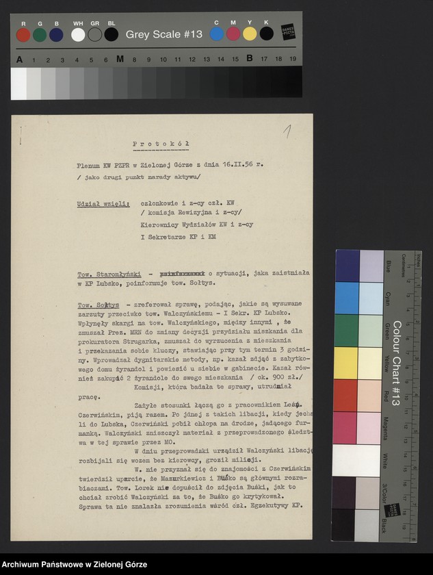 image.from.unit.number "Protokół plenarnego posiedzenia nt.: Sprawa I sekretarza Komitetu Powiatowego w Lubsku, sprawy organizacyjne. 16 lutego 1956 r."