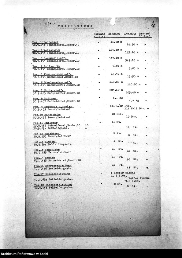 Obraz 19 z jednostki "[Specyfikacje materiałów technicznych, skórzanych, chemicznych, farbiarskich; artykułów biurowych, narzędzi, maszyn, tkanin, żywności i innych posiadanych na składzie Wydziału Specjalnego]"