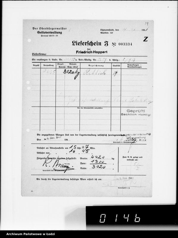 Obraz 18 z jednostki "Aufträge [Lieferscheinen und Rechnungen] 11100-11150 Lebensmitteleinkauf 5/Mü [Zapotrzebowania, zlecenia, rachunki, dowody dostawy na art.spoż.dla Getta]"