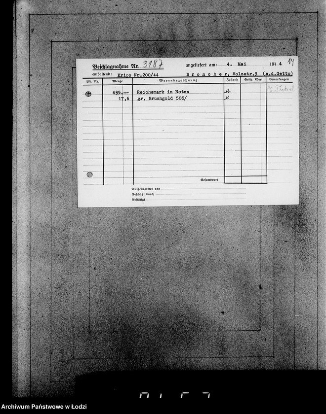 Obraz 18 z jednostki "Kripo.Unterlagen 3000-3200.[Dokumenty konfiskaty majątku ruchomego u Żydów]"