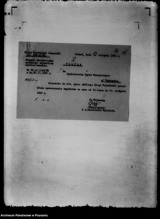 Obraz 19 z jednostki "Zbiór /sprawozdań do Ministerstwa Spraw Wewnętrznych dotyczące nadania obywatelstwa polskiego obywatelom czechosłowackim"