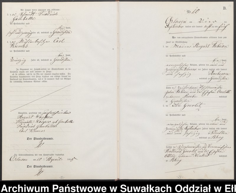 image.from.unit.number "Heiraths-Neben-Register des Preussischen Standes-Amtes Orlowen Kreis Loetzen für das Jahr 1885"