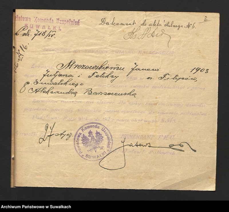image.from.unit.number "Dokumenty Przedstawione do ślubnych aktów w roku 1926, Filipowskiej Rzymsko-Katolickiej parafji."
