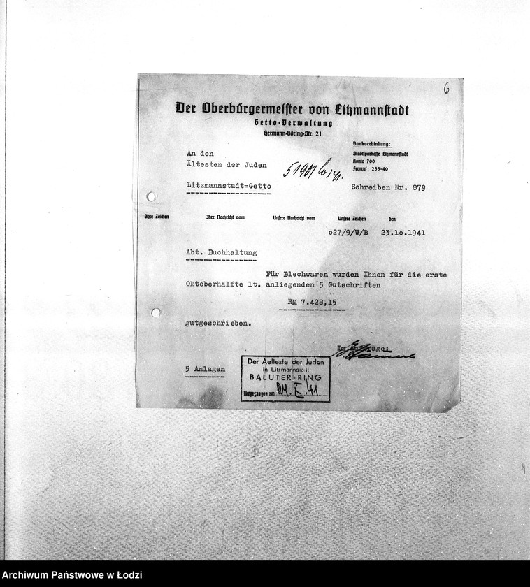 Obraz 9 z jednostki "Sonderkonto [Korespondencja PSŻ z GV w sprawach buchalteryjnych: uznanie konta za przekazane Niemcom mienie żydowskie i dostarczoną siłę roboczą w zamian świadczeń ze strony GV]"