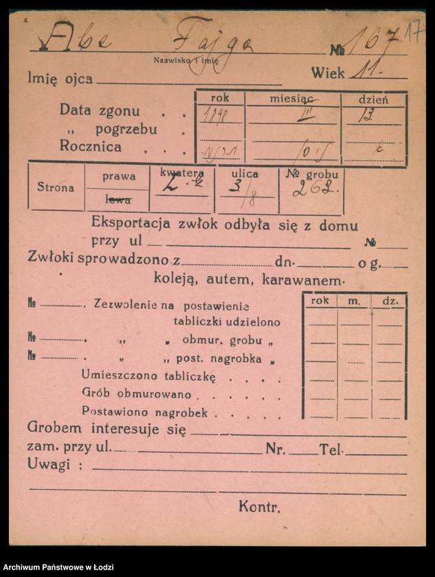 Obraz 18 z jednostki "Kartoteka osób pochowanych na cmentarzu żydowskim przy ulicy Brackiej w latach 1892-1959. Nazwiska na literę A"