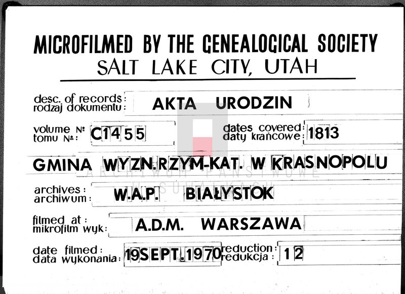 image.from.unit.number "Akta Cywilne Urodzonych Gminy Krasnopolskiey Pttu Seyneńskiego Depptu Łomżyńskiego 1813 R."