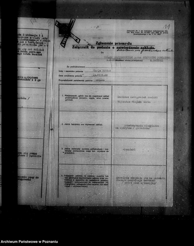 image.from.unit.number "Zatwierdzenie zakładu przemysłowego /gorzelni/ w maj. Gostkowo własność W. Bitter"