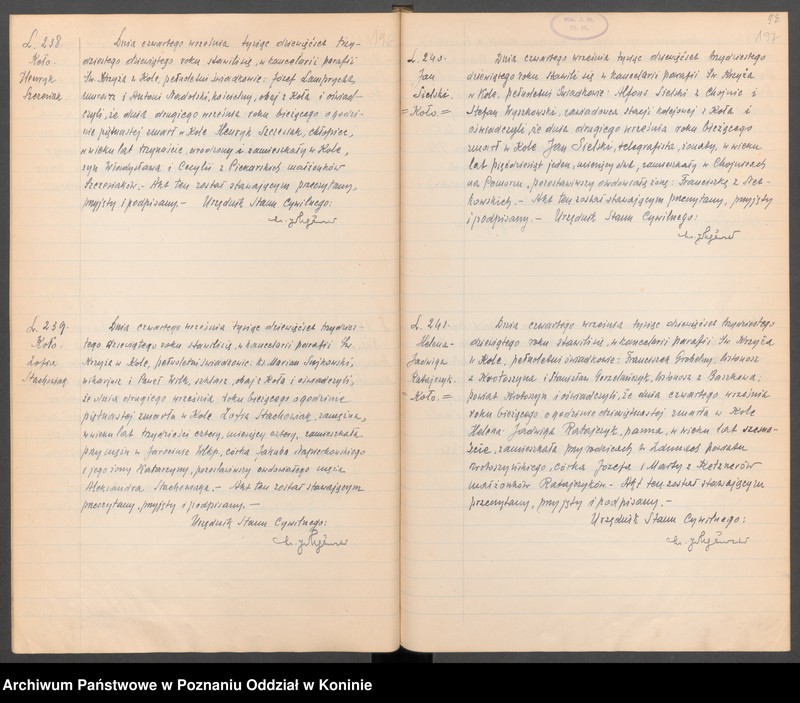 Obraz 15 z kolekcji "Akta zgonów zabitych i zmarłych ofiar bombardowania w Kole w dniu 2 września 1939 r.111"