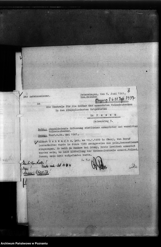 Obraz 10 z jednostki "Kreis Kalisch (Kalisz). Korespondencja w sprawie miejscowych Niemców, którzy zginęli w 1939 roku"