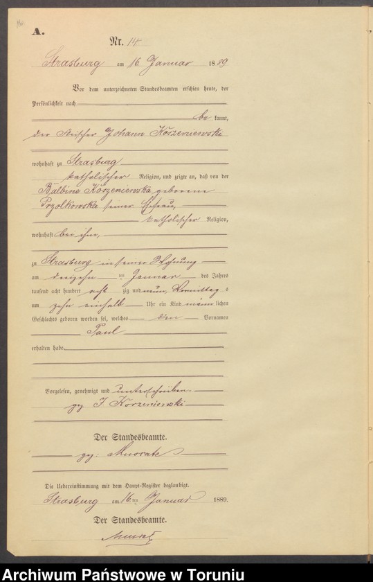 image.from.unit.number "Geburts-Neben-Register Strasburg W/Pr. für das Jahr 1889"