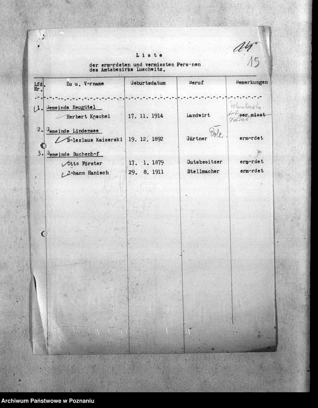 Obraz 19 z jednostki "Amtsbezirk Wilhelmsort Kreis Bromberg (Bydgoszcz). Wykazy miejscowych Niemców, którzy zginęli w 1939 roku"