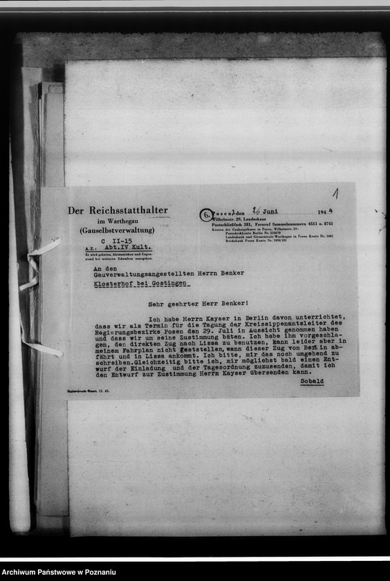 Obraz 5 z jednostki "Arbeitsbesprechung der Sippenamtsleiter in Gostingen [Gostyń, porządek obrad i sprawozdanie z zebrania kierowników powiatowych urzędów do spraw genealogicznych z terenu województwa poznańskiego]"