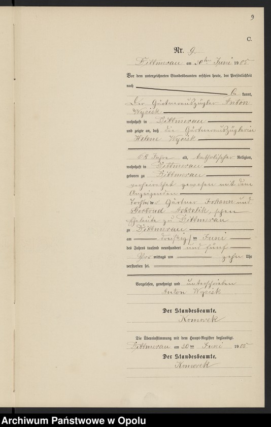 Obraz 13 z jednostki "Sterbe-Neben-Register Standesamts Dittmerau pro 1905"