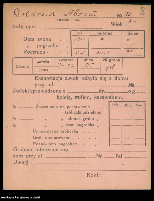 Obraz 9 z jednostki "Kartoteka osób pochowanych na cmentarzu żydowskim przy ulicy Brackiej w latach 1892-1959. Nazwiska na litery: Goldw-Gö"
