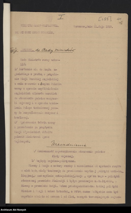 image.from.unit.number "Postulaty w sprawie otrzymania dostępu do morza, utworzenia marynarki wojennej i handlowej. Memoriały, wniosek, notatka, korespondencja"