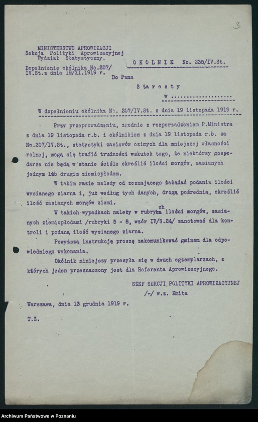 Obraz 5 z jednostki "[Koresponencja dotycząca statystyki produkcji rolnej - zasiewów ozimych w latach 1919-1920]"
