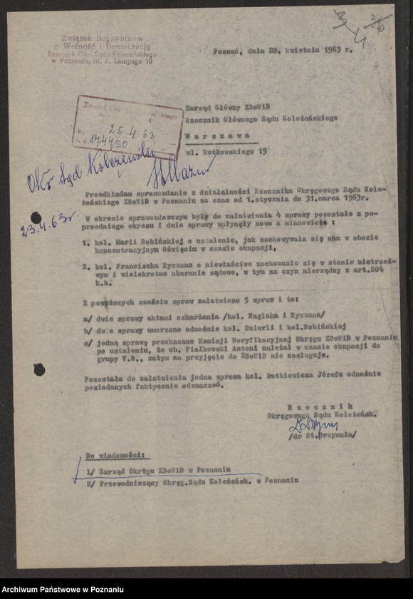 image.from.unit.number "Sprawozdania z działalności Rzecznika Okręgowego Sądu Koleżeńskiego za lata 1960 - 1967."