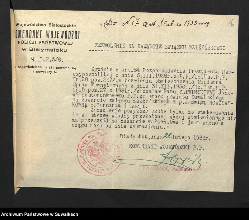 Obraz 18 z jednostki "Aneksa Aktów Ślubnych w Rz-Katolickiej Parafji Wigierskiej za 1933 rok"