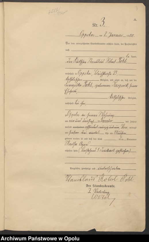 Obraz 7 z jednostki "Urząd Stanu Cywilnego w Opolu 1900 Rejestr Urodzeń Księga Miejscowa Nr 1 do 674"