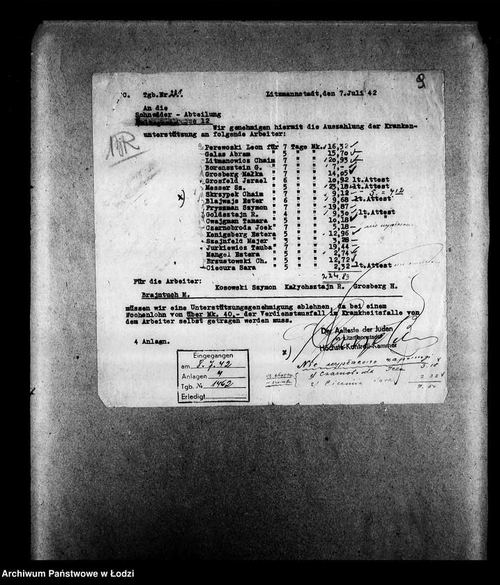 Obraz 12 z jednostki "Schneider-Abteilung, Halbegasse 12 [Zasiłki chorobowe dla pracowników wydziału, listy pracowników, zaświadczenia lekarskie]"