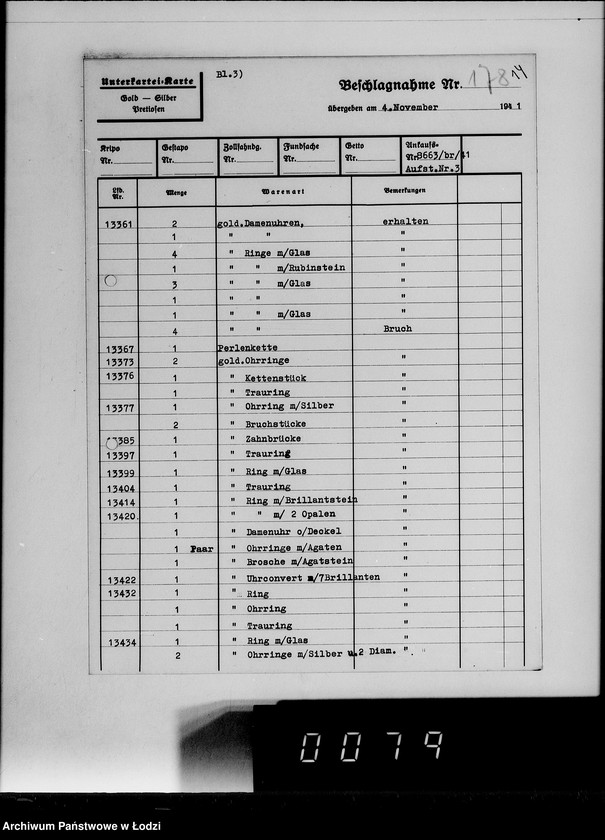 Obraz 18 z jednostki "Ankauf vom J.A.[Kartoteka dostaw skonfiskowanych kosztowności]"
